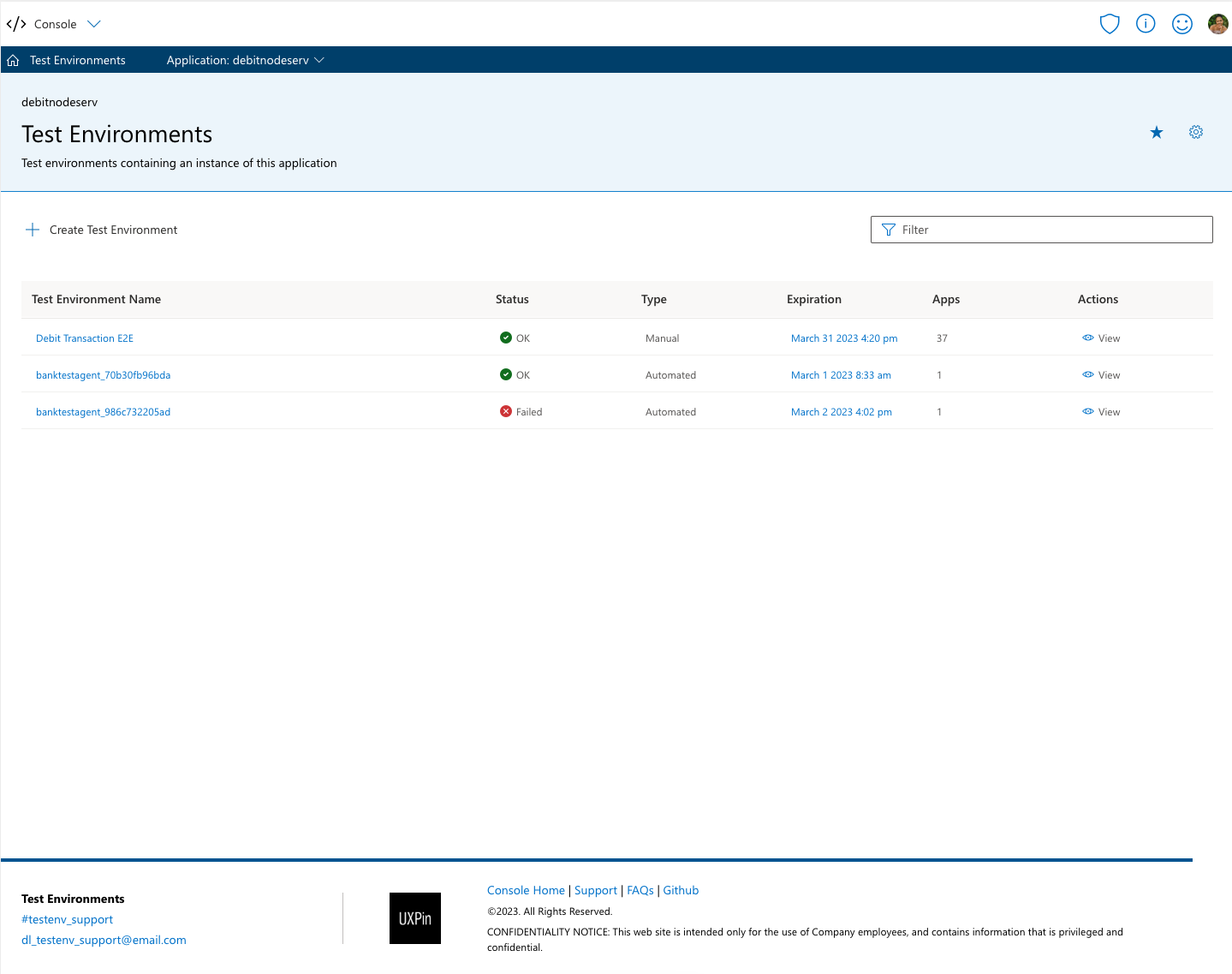 List of Test Environments Page