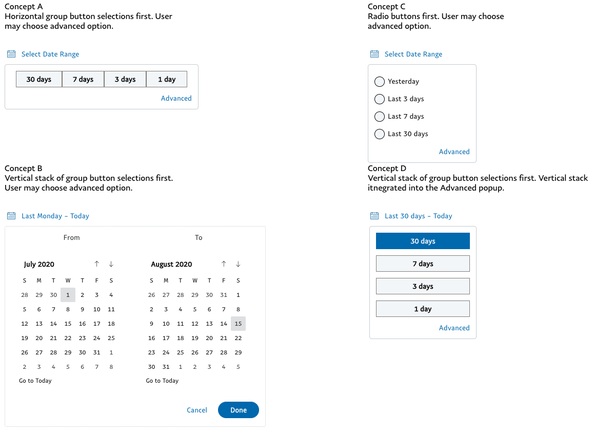 Screen capture of 4 early date picker concepts expanded